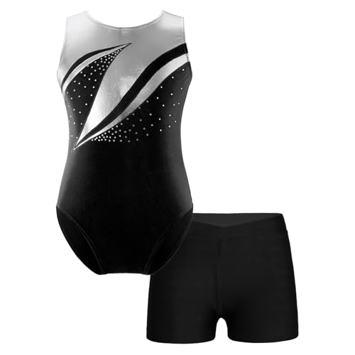 Freebily Body da Ginnastica Artistica Bambina Strass Leotards con Pantaloncini Tuta da Danza Classica Moderna Lucida Abito da Pattinaggio Ballo Latino Jumpsuit Sportiva Nero 9-10 anni
