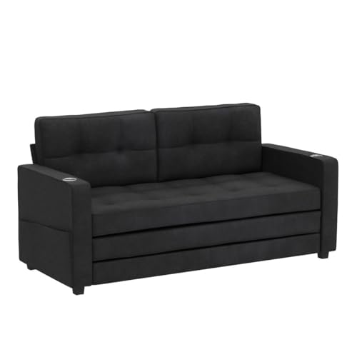 Image of VINGLI Upgraded 64 inch W 84 inch L Full Size Futon Sofa Bed, 6 inch Thick Upholstery Chenille Loveseat Sofa Sleeper Pull Out Couch,Convertible Floor Couch for Living Room, Bedroom, Entertainment Room, Black