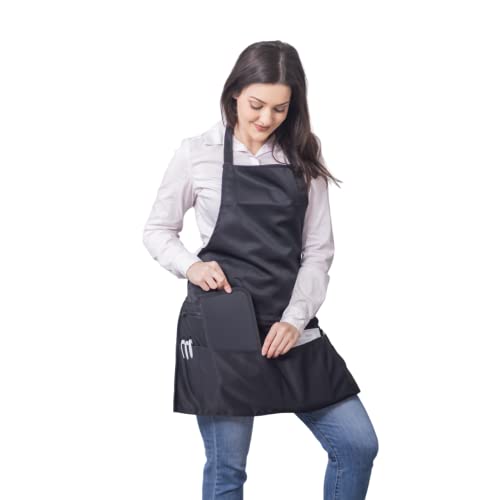 iServ Black Full Length Clip-on Bib Apron with 5 Pockets and Zipper Pouch - Easy to Clean - Great for Servers, Cooking, Kitchen, Cleaning, Teacher, Arts & Crafts, Home. Adjustable 25"-48" waist size.