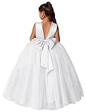 MCieloLuna Elegant Pearls Satin Tulle Backless Flower Girls Dress for Wedding Kids Pearls Princess Pageant First Communion Dress White Size 6
