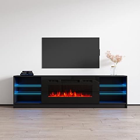 Meble Furniture Boston 01 TV Stand with Electric Fireplace - Modern High Gloss TV Stand with Storage Space and Led Lights - Media Entertainment Center Console Table for TV Up to 90" - Black Cover