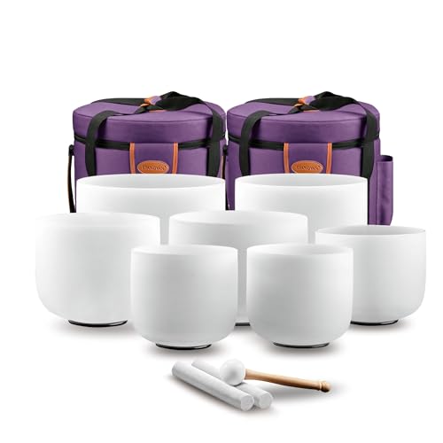 RYAN DVAN 432Hz 6-12 Inch Crystal Singing Bowl Set of 7 with Free Carrying Case, Frosted Quartz Sound Bowls for Chakra Healing, Meditation,Yoga,Sound Therapy,Mindfulness,Relaxation & Stress Relief