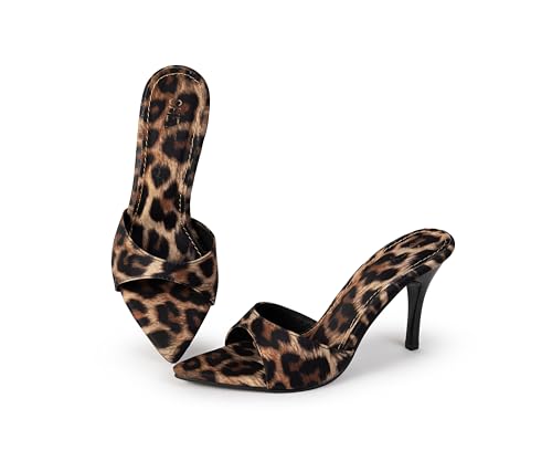 Image of SHEYEL Women's Leopard Print Stiletto Heels | Stylish Open Toe Slip-On Sandals | 3.5 inches Heels