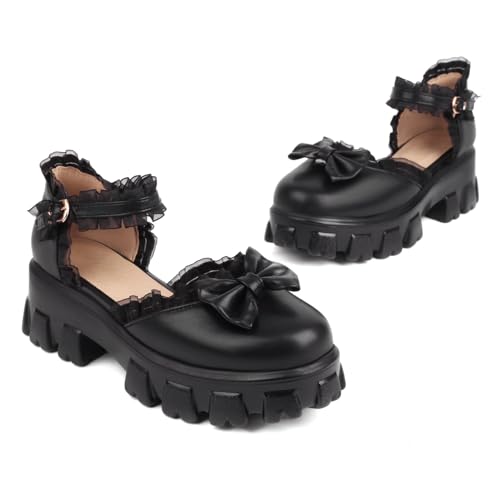 MRKEWUNEY Sweet Womens Block Heel Bow Lolita Shoes Buckle Strap Round Toe Mary Janes2