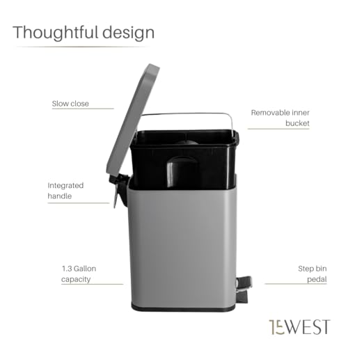 Image of Slim Rectangular 5 Liter Trash Bin Plastic - Long-Lasting, Easily Cleanable, with Silent Soft-Close Lid and Convenient Foot Pedal - Ideal as White Bathroom Trash, Office Bin