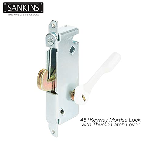 Sankins Mortise Lock With White Latch Lever, Adjustable Spring-Loaded Hook Latch Projection For Sliding Patio Doors, 45 Degree Angle Keyway, Fits 3-11/16” Hole Spacing, Round-End Faceplate #TOP1