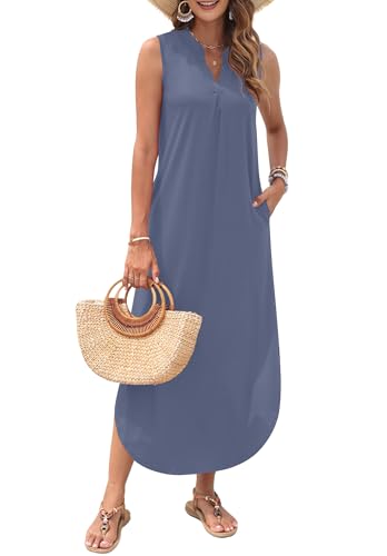 Image of AUSELILY Womens Summer Casual Maxi Dresses 2026 Sleeveless Long Beach Dresses V Neck Loose Sundresses with Side Split Pockets