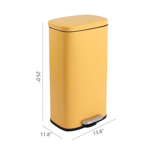 Image of happimess Curtis 8 Gal Step Trash Can Soft Close 25 inch, Daffodil Yellow | Iron Construction, Satin Finish, Removable Liner, Steel Pedal, 20 Trash Bags Included, Kitchen Office Bin
