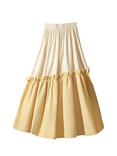 Women's Color Block Flowy Skirts High Waisted Ruffle Hem A Line Vacation Long Skirt