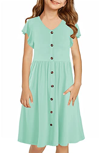 Hosika Girls Casual Dress Ruffle Sleeve Pleated Loose Holiday School Party Dresses With Pockets For Kids 8-9 Years Aqua Green #TOP19