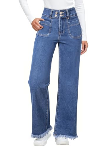 Astylish Womens Wide Leg Jeans High Waisted Double Button Stretchy Frayed Hem Straight Jean Loose Trendy Denim Pants