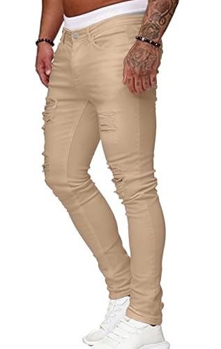 Image of HUNGSON Men's Blue Slim Fit Jeans Stretch Destroyed Ripped Skinny Jeans Side Striped Denim Pants