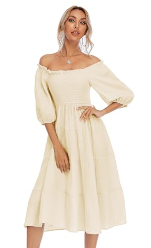Image of R.Vivimos Women's Summer Cotton Lantern Sleeves Ruffled Off Shoulder A-Line Midi Dresses