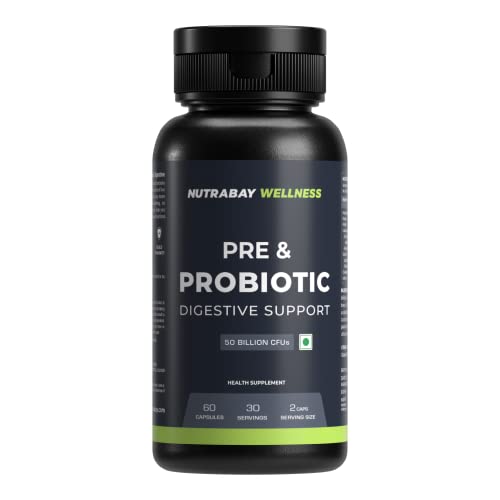 Nutrabay Wellness Pre & Probiotic Digestive Support 50 Billion CFUs, Probiotic Supplement for Men and Women – 60 Veg Capsules