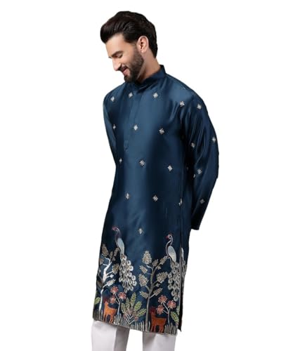 Image of SOJANYA (Since 1958 Men's Cotton Silk Flora & Fauna Embroidered Long Kurta