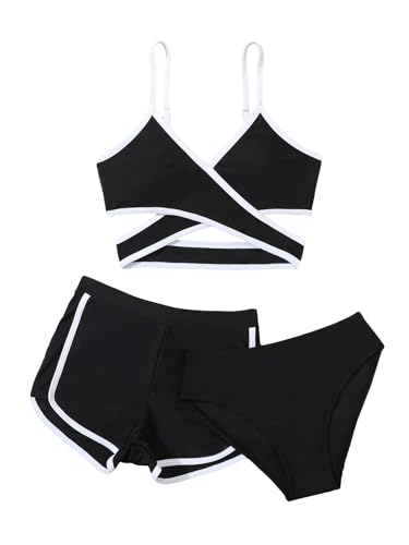 Image of WDIRARA Girl's 3 Pieces Wrap V Neck Criss Cross Swimsuit Bikini Set Bathing Suit with Shorts Black and White 8Y