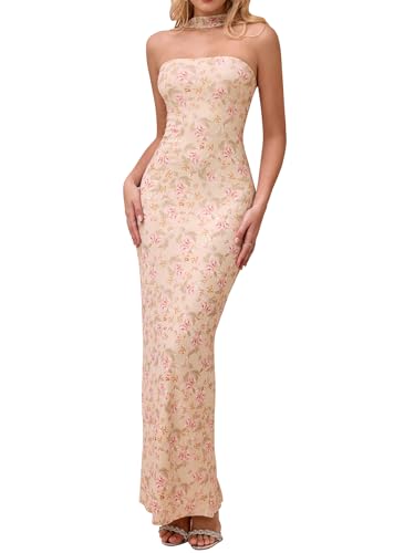 Image of HTZMO Women Elegant Summer Bodycon Maxi Dress Halter Neck Formal Wedding Guest Cocktail Party Long Dresses