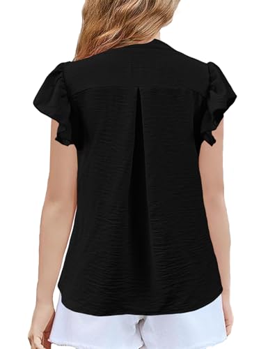 Image of Floral Find Girls Casual Ruffle Short Sleeve V Neck Textured Shirts Summer Dressy Tunic Top Blouses