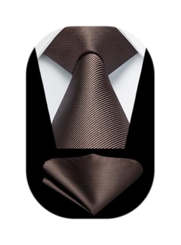 HISDERN Mens Brown Ties for Men Classic Business Necktie Solid Dark Chocolate Tie and Pocket Square Set Formal Satin Silk Wedding Plain Tie Handkerchiefs