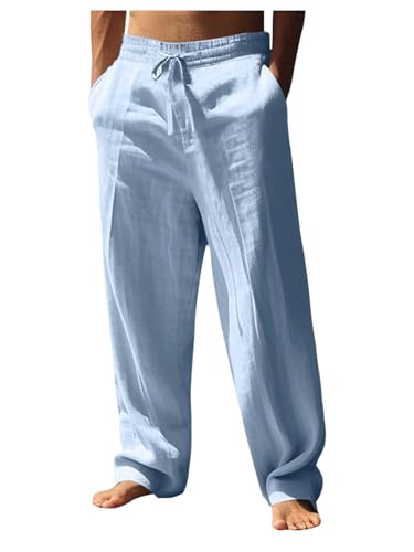 SOLY HUX Men's Linen Pants Drawstring Elastic Waist Straight Leg Casual Loose Fit Pants with Pockets