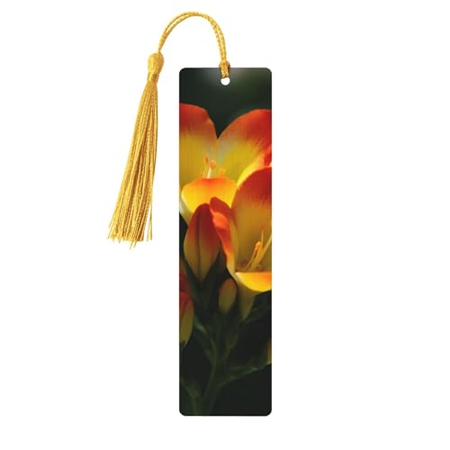 タッセル付き木製しおり5個 ヴィンテージ木製ブックマーク フリージア 美しい植物 花 ファンシー ハンドメイド クラフトブックマーク 読書ページマーカー 木製ハンギングタグ オーナメント 本好き向け