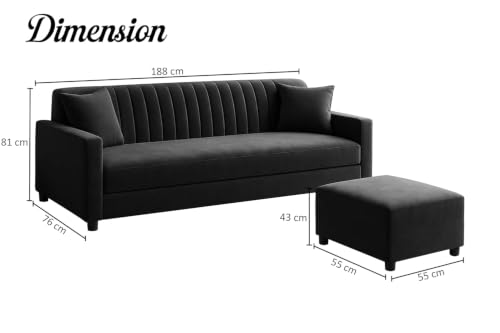 Image of 3-Seater Wooden Sofa Set with Ottoman, Soft Velvet Fabric, Comfortable Couch for Living Room, Office & Apartment - Black Color