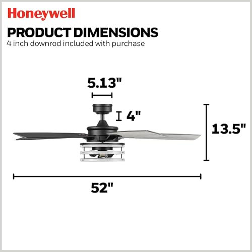 Honeywell Ceiling Fans Carnegie, 52 Inch Industrial Style Indoor LED Ceiling Fan with Light, Remote Control, Dual Mounting Options, 5 Dual Finish Blades, Reversible Airflow - 51855-01 (Matte Black) - image 6