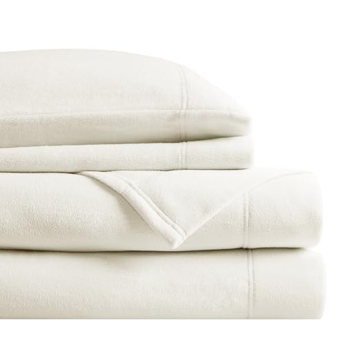 Image of True North by Sleep Philosophy Micro Fleece Bed Sheet Set, Warm, Sheets with 14 inch Deep Pocket, for Cold Season Cozy Sheet-Set, Matching Pillow Case, King, Ivory, 4 Piece