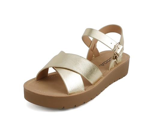 Image of Soda CHESTER ~ Women Flat Sandals Flatform Ankle Buckle Criss Cross Band Straps Sandals Shoes (Gold Raffia, 5.5)