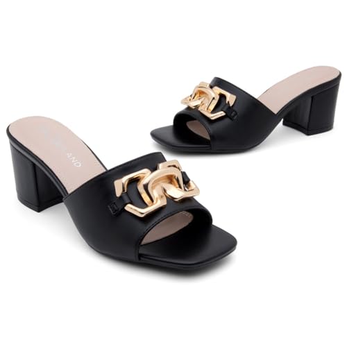 Image of Shoe Land Women's Low Block Heels 2025 - Square Open Toe Slip-On Mules with Metal Chain, Comfortable Chunky Dressy Heeled Slides for Wedding, Office, Party & Everyday Wear