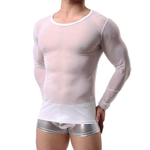 L'ASHER Men's Sexy Underwear T-Shirt Long Sleeve Mesh Sheer Undershirt Sleepwear White