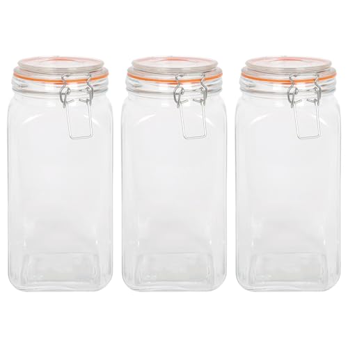 Argon Tableware 1.7L Square Glass Jars with Clip-top Lids - 3pc Airtight Kitchen Mason Jar Food Storage Preserving Container for Pickling, Chutney, Jam, Coffee, Oats