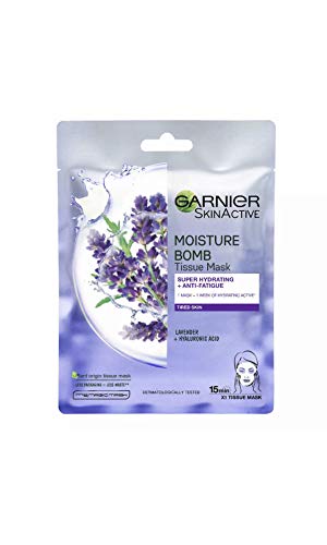 Garnier Moisture Bomb Lavender and Hyaluronic Acid Sheet Mask, Hydrating & Relaxing Face Mask, With Lavender Essential Oil To Help Revive Fatigued Skin, Vegan Tissue Mask, 28g