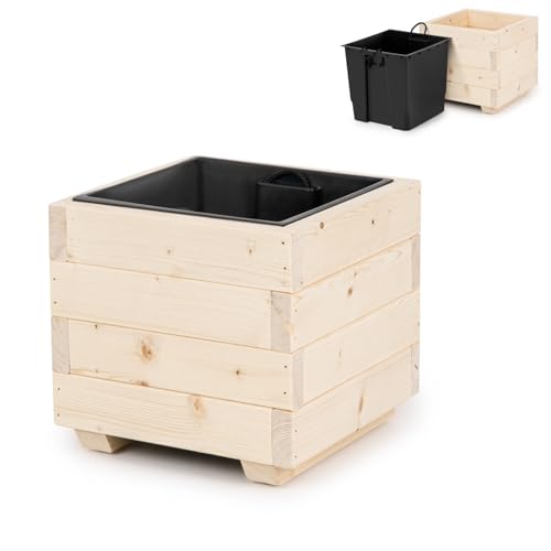 alfalux Blumentopf Holz - Pflanzkübel Übertopf Blumenkasten - mit Kunststoffeinsatz Herausnehmbar - 33 x 33 x 32 cm - Naturholz 33KAN3332
