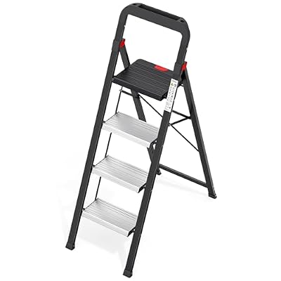 Urackify 4 Step Ladder with Tool Tray, Folding Step Stool with Aluminum Non-Slip Pedals, Sturdy 800LBS Ladder for Adult, Portable Lightweight Ladders for Home, Kitchen, Garage