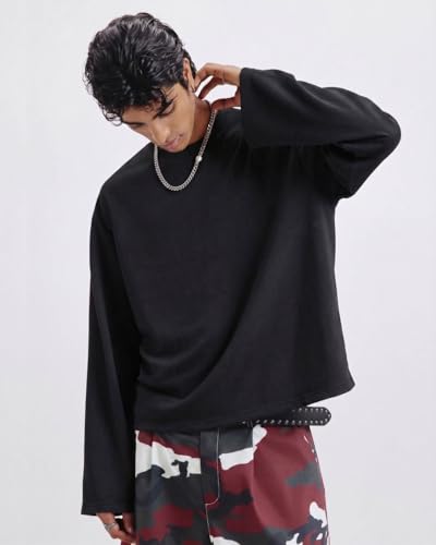 Image of Full Sleeve White & Black Cotton Oversized Solid Men's T-Shirt | Crew Neck Relaxed Fit Long Sleeve Tee | Breathable Winter Layering Essential | Sizes S to XL | TS115-BLK-S