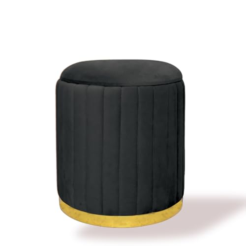 Image of Round Velvet Luxurious Storage Ottoman, Pouf with Storage Vanity Stool Chair,Upholstered Foot Rest Stool with Gold Strip Base for Living Room or Bedroom (Black., Large-40Dx40Wx46H)