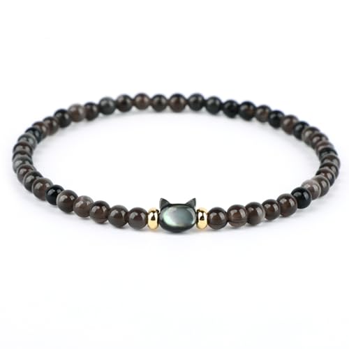 AD Beads 4mm Cat Head Silver Obsidian Bracelet Attract Money Abundance & Business Luck Beaded Spiritual Energy Bracelet for Women and Men