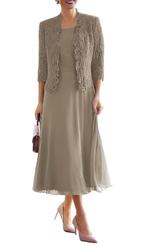 2 pièces longueur thé mère de la mariée robe d'invité de mariage robe en mousseline de soie manches 3/4 robe de soirée formelle avec veste, taupe, 36