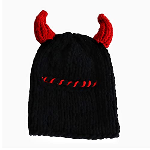 1-Hole Knitted 3D Animal Ears Balaclava Face Mask For Music Festivals, Raves, Ski, Halloween, Party Outdoor Activities (Black Devil Red, One Size) #TOP2