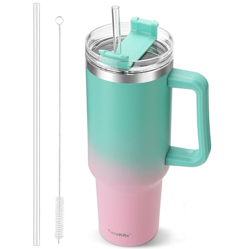 TaroKitc 40 oz Tumbler with Handle | Stainless Steel Insulated Tumblers Lids and Straw Travel Mug Iced Coffee Cup Keeps Cold for 34 Hours Dishwasher Safe, BPA Free Macaron Green&Pink