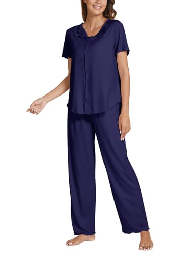 POKWAI Womens Pajama Sets Ruffles Short Sleeve Tops and Pants Soft 2 Piece Pjs Ladies Pajama Sleepwaer