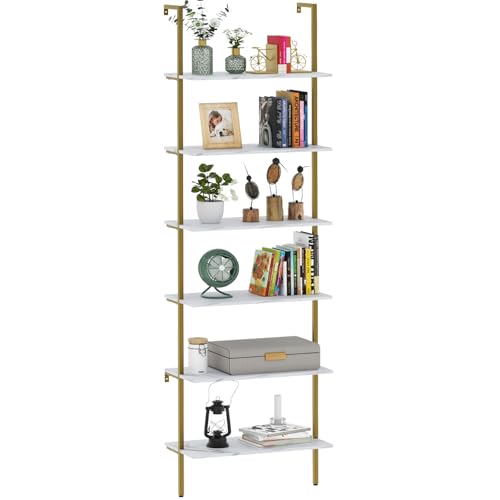 Image of Wolawu Ladder Shelf 6 Tiers Marble White Modern Bookshelf Open Tall Wall Mount Bookcase Standing Leaning Wall Shelves Industrial Decorative Living Room Bed Room