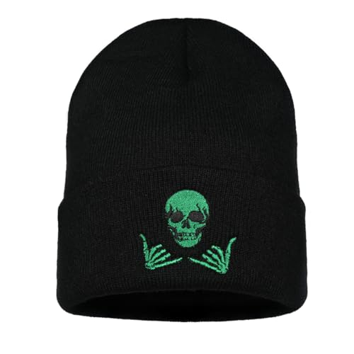 Image of Embroidered Skeleton Beanie Hat Winter Stretch Knit Skull Cap for Men Women