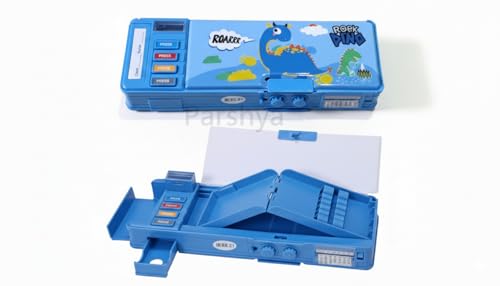 Image of KiddieWorld Kids Dinosaur Pencil Box with Multi-Function Pop-Out Buttons | Dual Storage, Built-in Sharpener, Writing Pad, Password Lock | Premium ABS Plastic Pencil Case for Boys & Girls