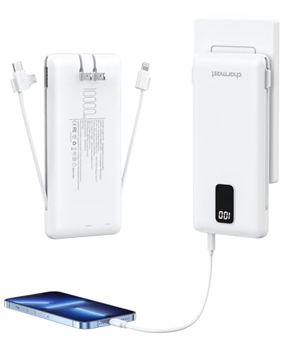 charmast Portable Charger with Built-in Cables and Wall Plug, 10000mAh USB C Portable Power Bank, Potable Phone Charger, Travel Essentials Compatible with iPhones, Samsung Galaxy, iPad