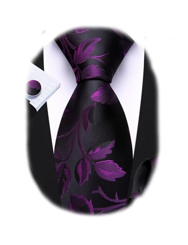 Image of Barry.Wang Flower Ties for Men Silk Woven Floral Tie Sets Necktie Handkerchief Cufflinks Wedding Party