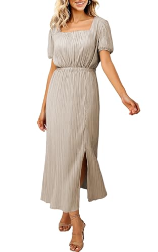 Image of ECOWISH Women Maxi Dresses Cocktail Party Wedding Guest Formal Pleated Long Dress Short Sleeve Slit Empire Waist Evening Gown