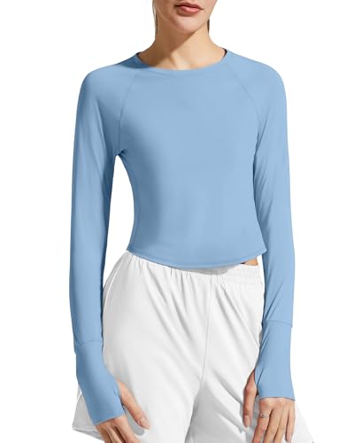 G4Free Rash Guard for Women Long Sleeve UV Hiking Sun Shirts Athletic Workout Tops UPF 50+ Cropped Tops Running Outdoor(Smog Blue M)