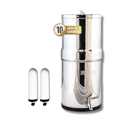 DOCTOR AGUA Sistema Filtrado de Agua por Gravedad SEMPER 2 Filtros Cerámicos Gravity Max con Zeolita - Depósito de Agua Portátil en Acero Inoxidable - Capacidad 8,5L